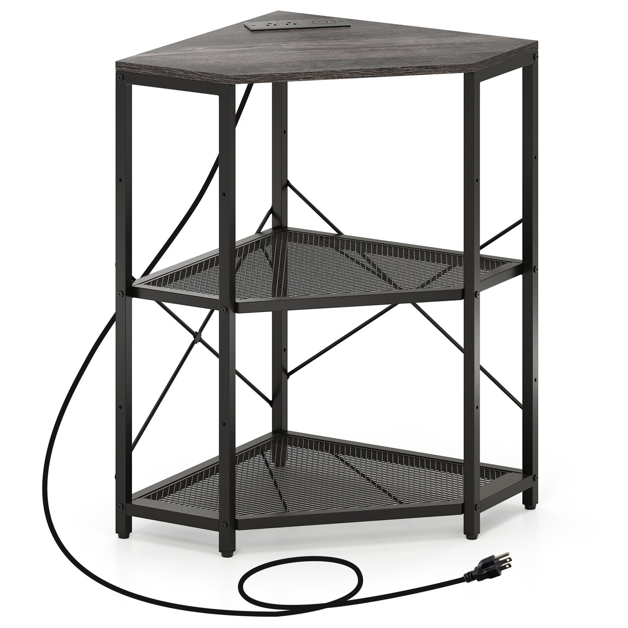 Black Engineered Wood and Metal Corner Printer Stand with Power Strip